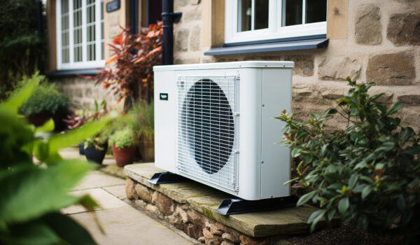 Heat pump installed in a residential building. Clean and green energy. AI generative