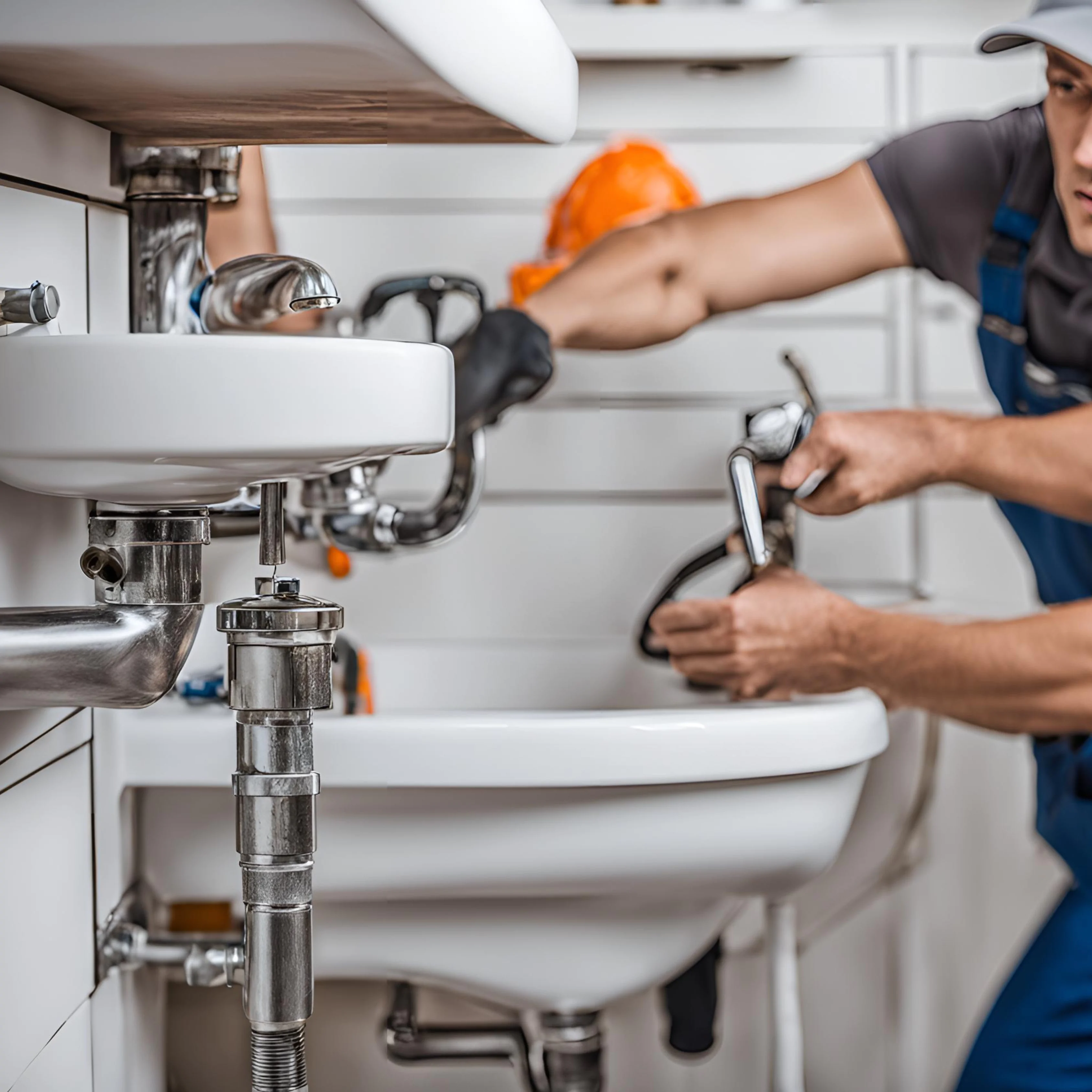 Plumber repairing pipework beneath bathroom sinks, using a wrench while working on chrome drain fittings and exposed plumbing.