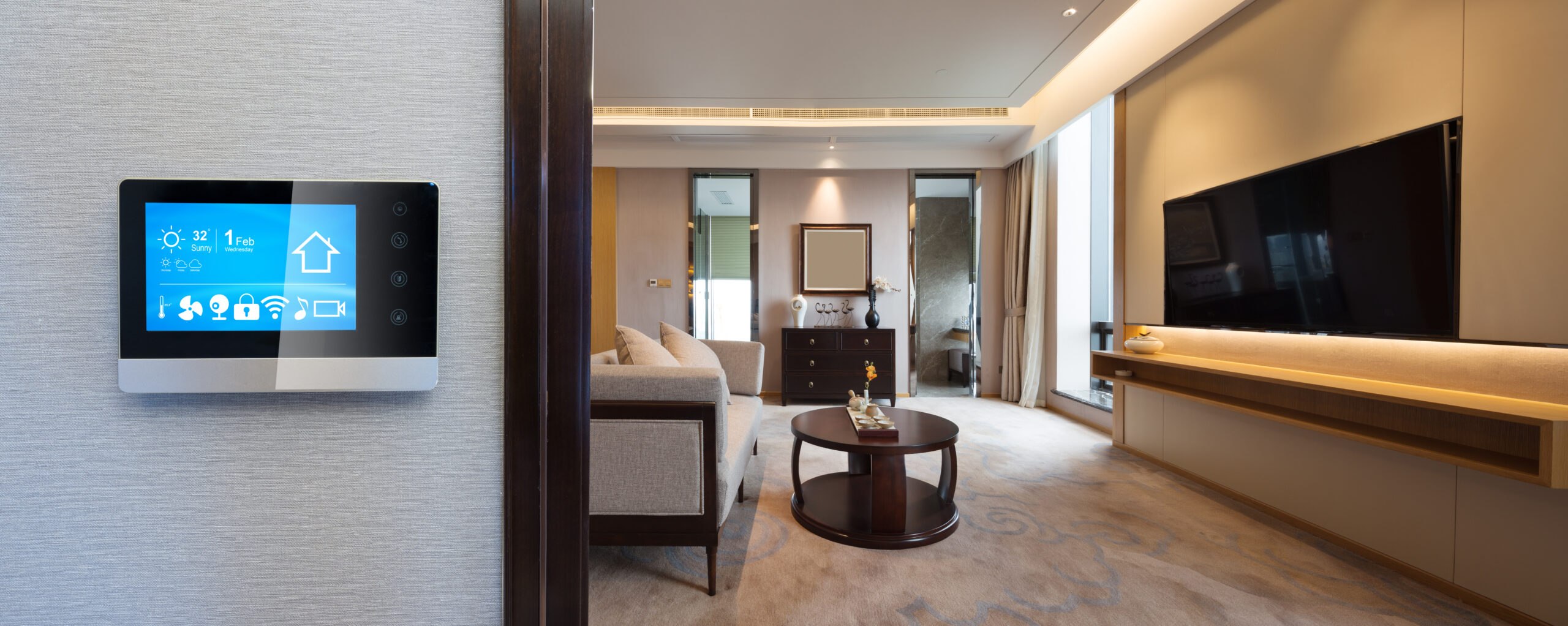 smart screen on wall with modern living room